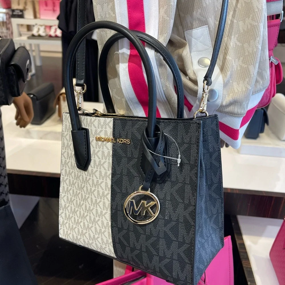 Michael Kors Mercer Md Two-Tone Logo Crossbody Messenger Black Multi Purse NWT